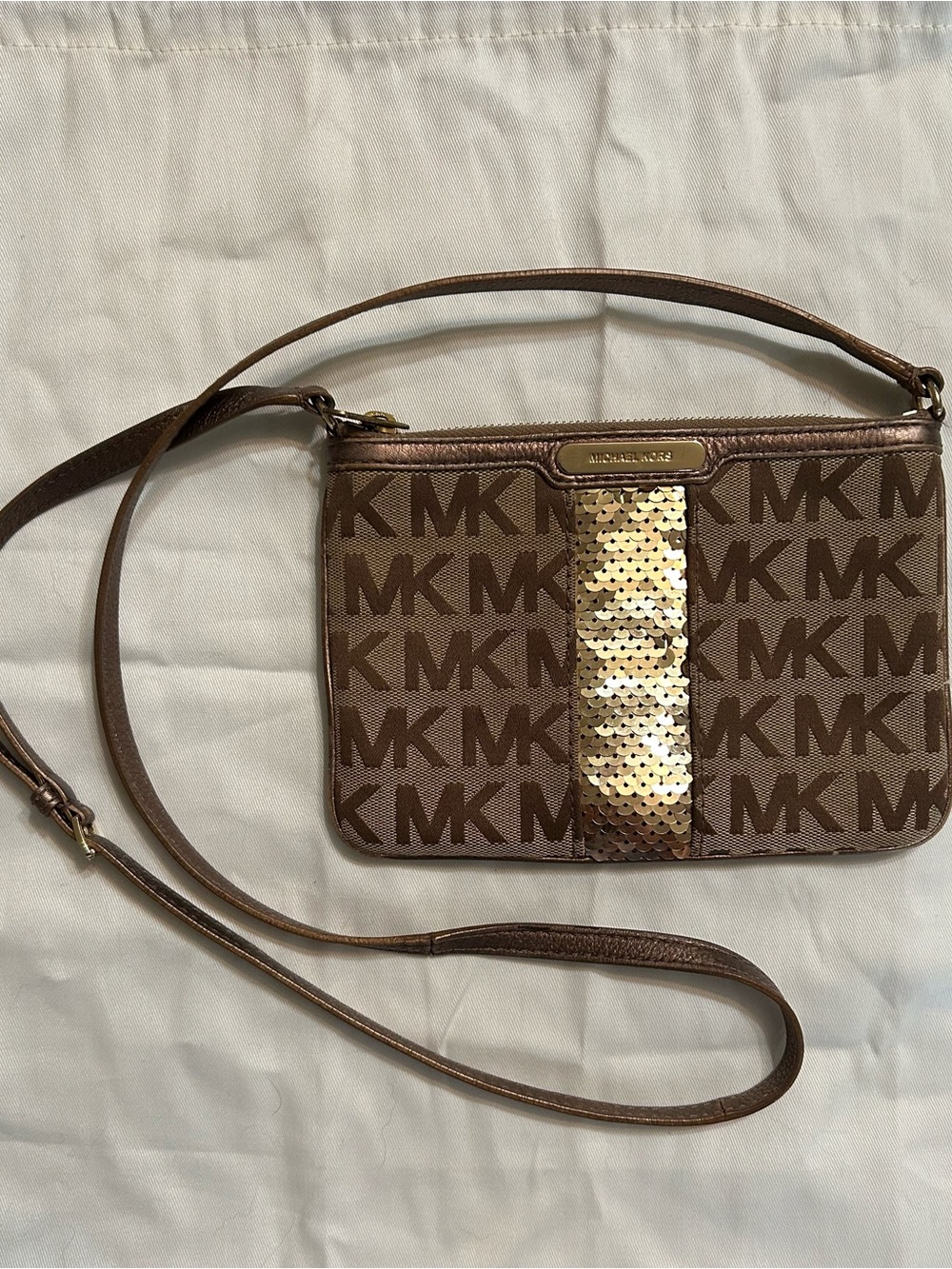 Michael Kors Brown MK Logo Crossbody with Gold Sequin Center